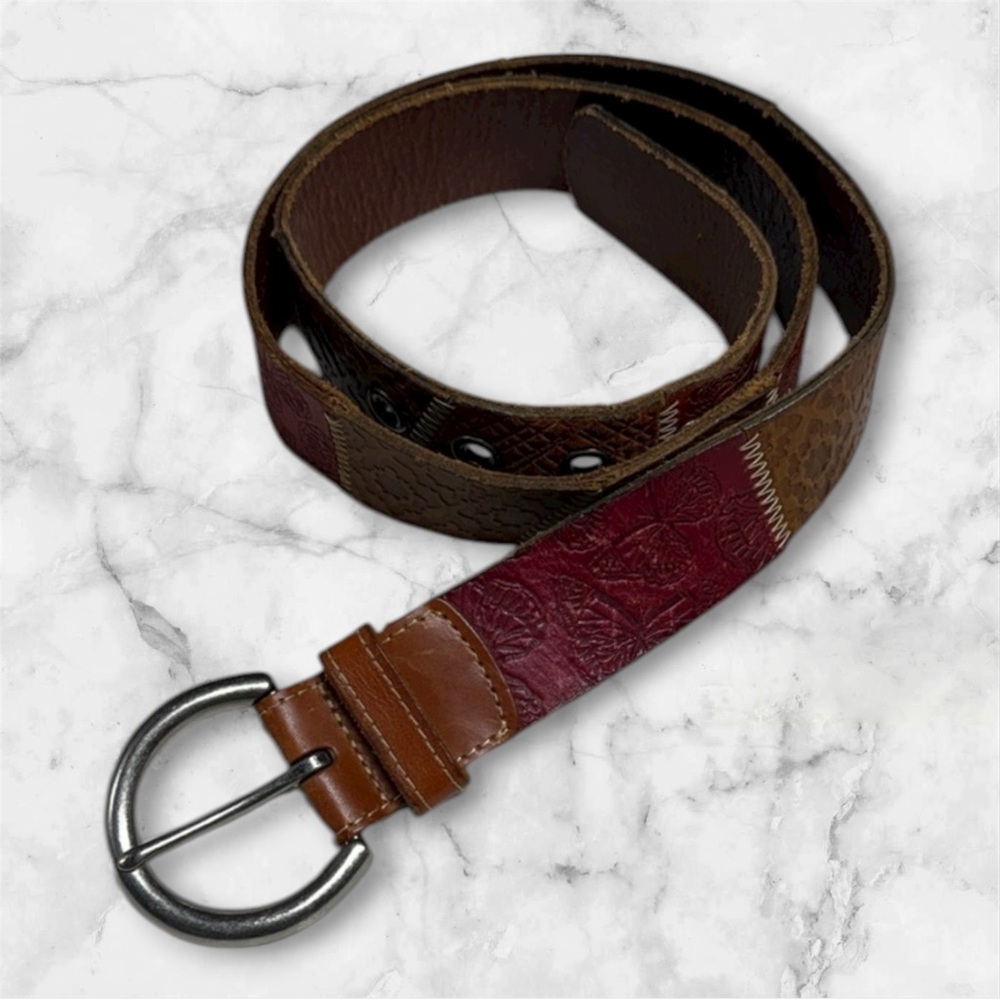 Fossil red brown patchwork tool leather Belt 32”-36”